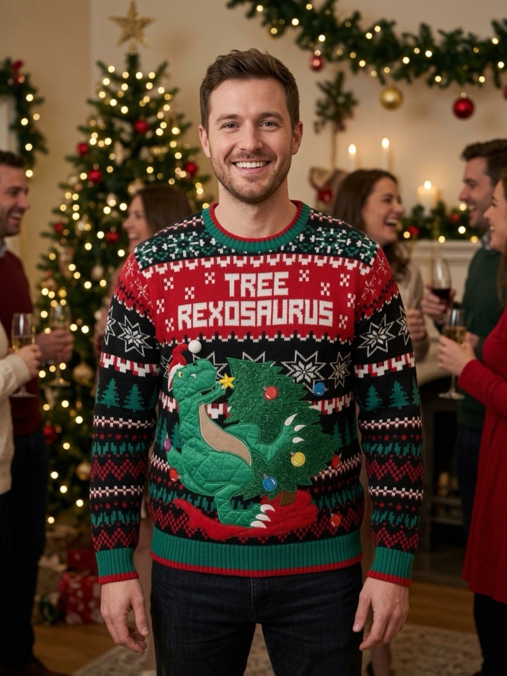 Men's Red & Green 'Tree Rexosaurus' Christmas Sweater Funny Ugly Prize